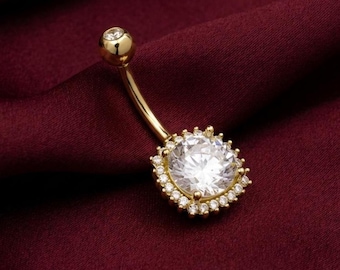 Sparkling Halo Diamond/Moissanite 14K Gold Plated Belly Ring Navel Jewelry Gift For Her
