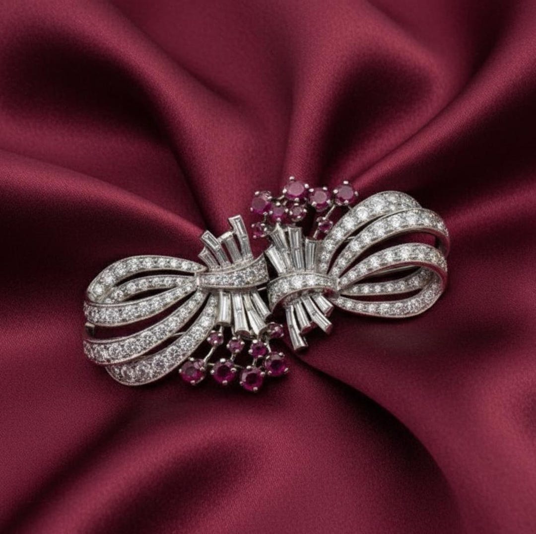 Double Ribbon Ruby Women's Brooch Wedding Jewelry 14K Gold Plated Gift ...