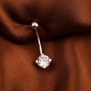 Moissanite Belly Button Ring, Round Cut Diamond Belly Ring, Fancy Navel Piercing Belly Button, 10k/14k Solid Gold Handmade Women Belly Ring