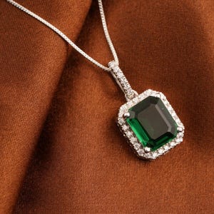 Green Emerald Gemstone Pendant Necklace, Emerald Cut Diamond Pendant, Daily Wear Pendant, 14k White Gold Plated Handmade Unisex Pendant