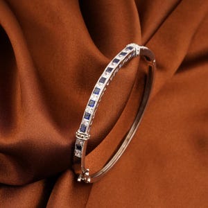 Blue Sapphire Gemstone Bangle Bracelet, Princess Cut Diamond Bangle, 14k White Gold Plated Handmade Women&#39;s Bangle, 925 Sterling Silver