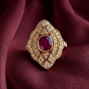 Vintage Pink Ruby & Diamond Shield Women's Ring 14K Gold Plated Wedding Jewelry