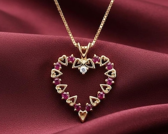 Pink Ruby & Diamond Heart Pendant 14K Gold Plated Women's Jewelry Anniversary Gift