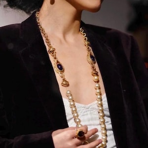 Baroque Amethyst & Pearl Long Chain Necklace Set – 22K Gold Plated | Vintage Victorian Style Statement Jewelry