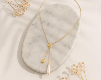Minimal Gold Pearl Lariat Necklace | Adjustable Hammered Pendant | Quiet Luxury Jewelry | Gift for Her | Elegant Everyday Look