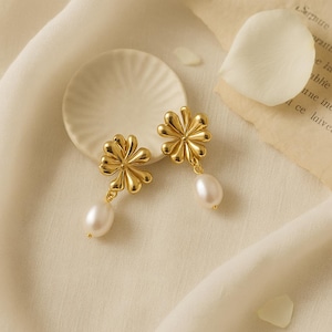 Gold Flower Pearl Drop Earrings: Romantic Wedding Jewelry