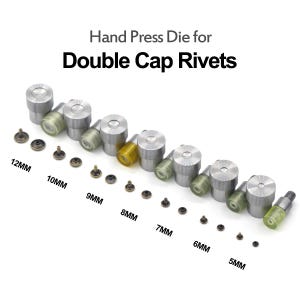 May include: A set of hand press dies for double cap rivets, sizes from 5mm to 12mm. The image displays metal dies and rivets, with the text "Hand Press Die for Double Cap Rivets". Sizes are in millimetres.