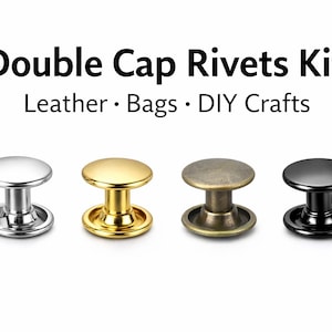 May include: A selection of double cap rivets in silver, gold, antique brass, and black. The image text reads: Double Cap Rivets Kit, Leather, Bags, DIY Crafts. These rivets are suitable for leatherwork, bags, and DIY crafts.