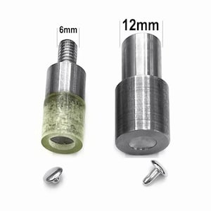 May include: Two metal rivet setting tools with rivets. One tool is 6mm in diameter and has a clear, cylindrical base. The other tool is 12mm in diameter. The rivets are silver and have a rounded head.