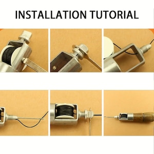 Op de afbeelding: Een stapsgewijze installatiehandleiding wordt getoond. De afbeeldingen tonen een zilverkleurig lederen naaigerei met een houten handvat, een spoel zwart garen en een naald. De tekst "INSTALLATION TUTORIAL" staat bovenaan.