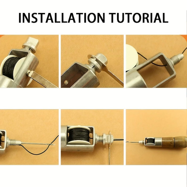 Op de afbeelding: Een stapsgewijze installatiehandleiding wordt getoond. De afbeeldingen tonen een zilverkleurig lederen naaigerei met een houten handvat, een spoel zwart garen en een naald. De tekst "INSTALLATION TUTORIAL" staat bovenaan.