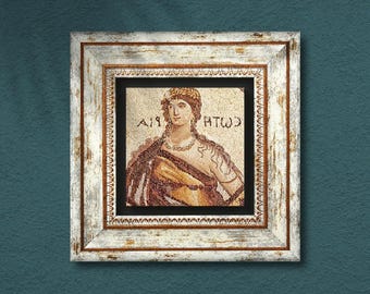Roman Mosaic Portrait Art: Rustic Framed Stone, Classical Decor