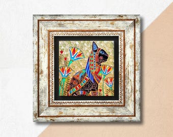 Ägyptische Mosaik Katze Wandkunst: Boho Bastet eingerahmtes Stein Kunstwerk