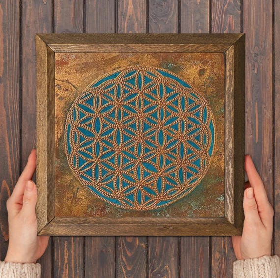 Sacred Geometry Wall Art – Flower of Life in Rustic Frame – Mantra Energy Decor