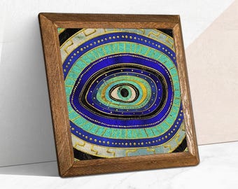 Handframed Evil Eye Wall Art: Rustic Stone & Wood Frame, Turkish Decor