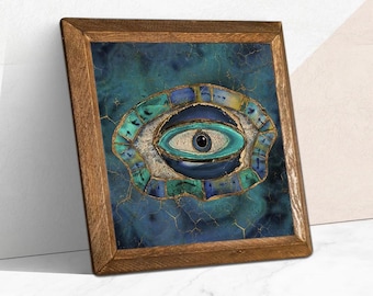 Evil Eye Wall Art: Stone Tile with Wood Frame, Boho Protection Decor