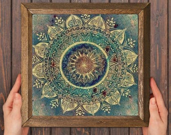 Arte de pared de mandala bohemio: baldosas de piedra con marco rústico