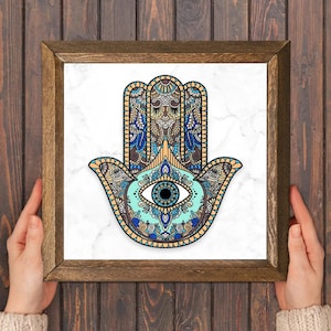 Hamsa Hand Evil Eye Wall Art: Natural Stone, Boho Home Blessing