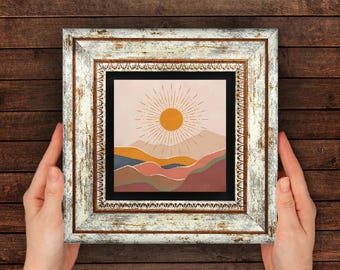 Boho Sun Landscape Stone Print - Rustic Wood Frame - Terracotta Mountain Art