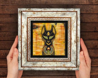 Bastet Cat Goddess Wall Art: Hand Framed Egyptian Stone Print Decor