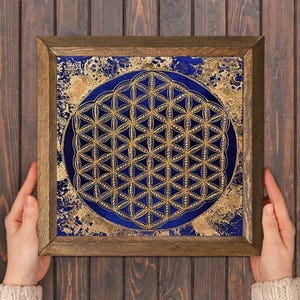 K&ouml;nnte beinhalten: Quadratische gerahmte Kunst mit einem goldenen und blauen Design. Das Kunstwerk hat eine dunkelblaue kreisf&ouml;rmige Mitte mit einem goldenen geometrischen Muster. Der Hintergrund hat ein goldenes und blaues strukturiertes Muster. Der Rahmen ist aus Holz.