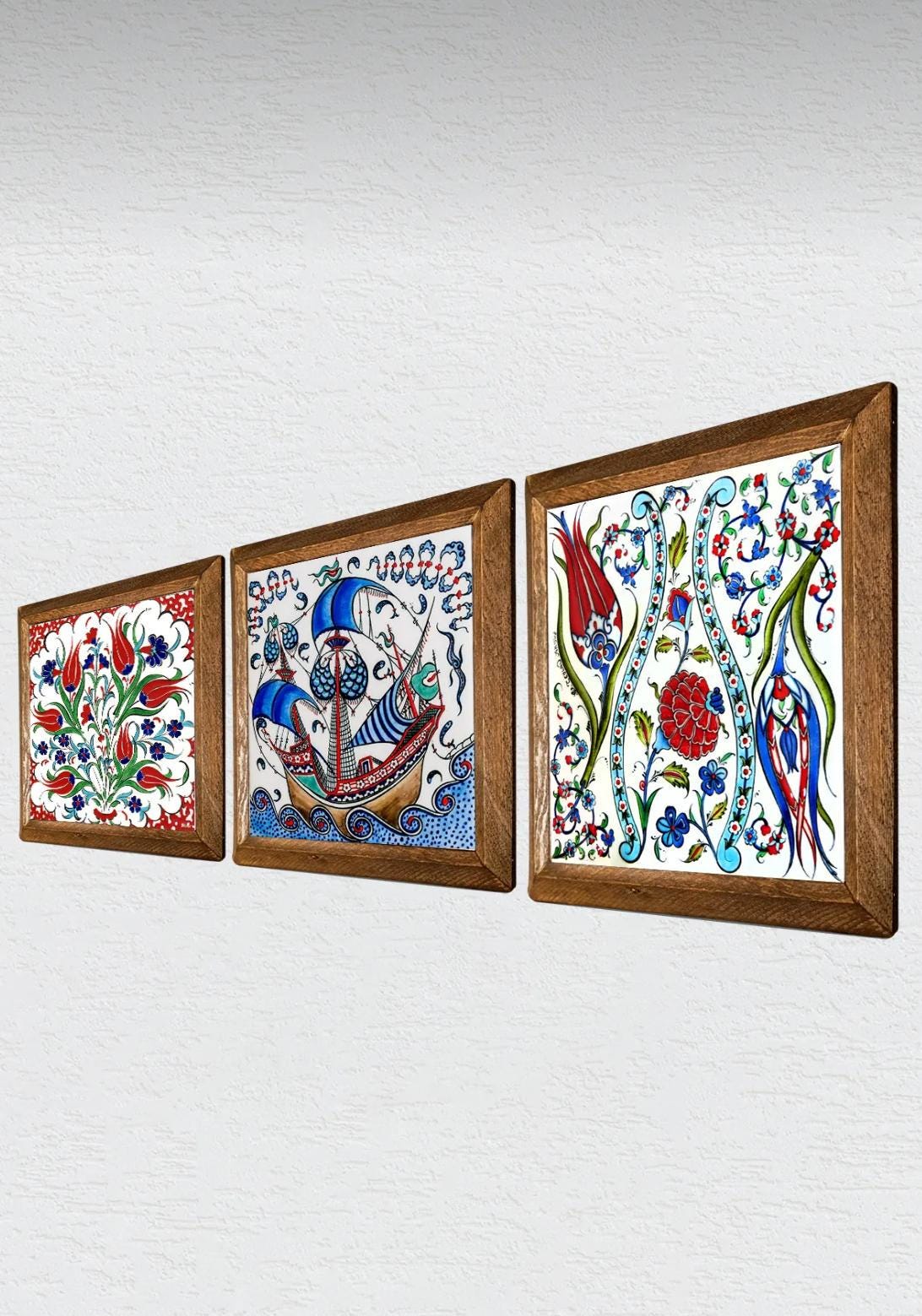 トルコのイズニックタイルアートセット：オスマン帝国の花と船の石の