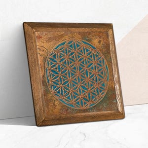 May include: A square wooden wall art piece with a brown frame. The artwork features a teal blue and gold geometric design in the center. The design is a repeating pattern of interconnected circles, creating a symmetrical and visually appealing composition.