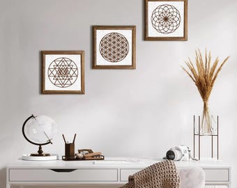 Sacred Geometry Wall Art Set: Flower of Life, Sri Yantra Stone Prints