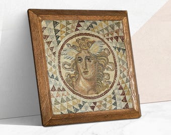 Roman Medusa Mosaic Art: Stone Print with Solid Wood Frame