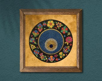 Hand Framed Evil Eye Wall Art: Natural Stone, Boho Home Protection