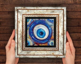 Rustic Framed Evil Eye Wall Art: Abstract Spiritual Protection Tile