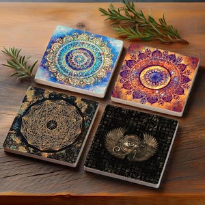 Mandala Stone Coaster Set: Boho Sacred Geometry Drink Coasters