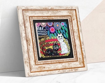 Whimsical Cat Art Print on Stone: Rustic Boho Framed Wall Decor