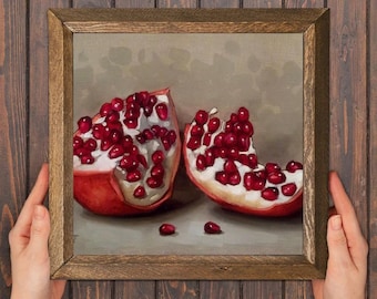 Pomegranate Still Life Painting – Rustic Wood Frame, Kitchen Wall Art (25x25 cm)