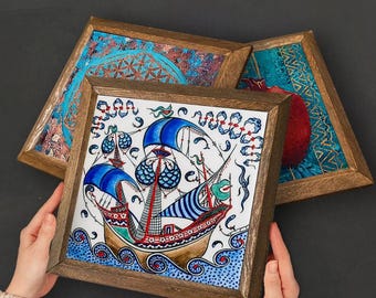 トルコのイズニックタイルアートセット：オスマン帝国の花と船の石の