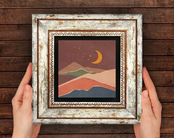 Boho Moon Mountain Stone Print - Rustic Framed Celestial Wall Art
