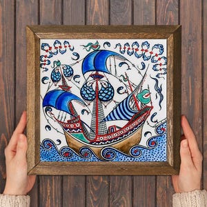 Nautical Ship Tile Art: UV Print Ceramic Wall Decor in Wood Frame