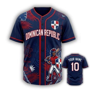 Camiseta de béisbol de la República Dominicana – Blanca, nombre personalizado, mapa en la espalda y escudo, unisex. Orgullo dominicano.