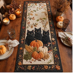 Halloween svart katt quilt bordslöpare, pumpa höst lantlig köksbordsdekoration