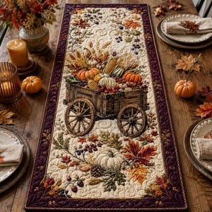 Puede incluir: Un camino de mesa acolchado rectangular con una ilustración central de una carreta de madera llena de calabazas, maíz y trigo. El camino tiene un fondo color crema con hojas de otoño y bayas, enmarcado por un borde de color púrpura oscuro.