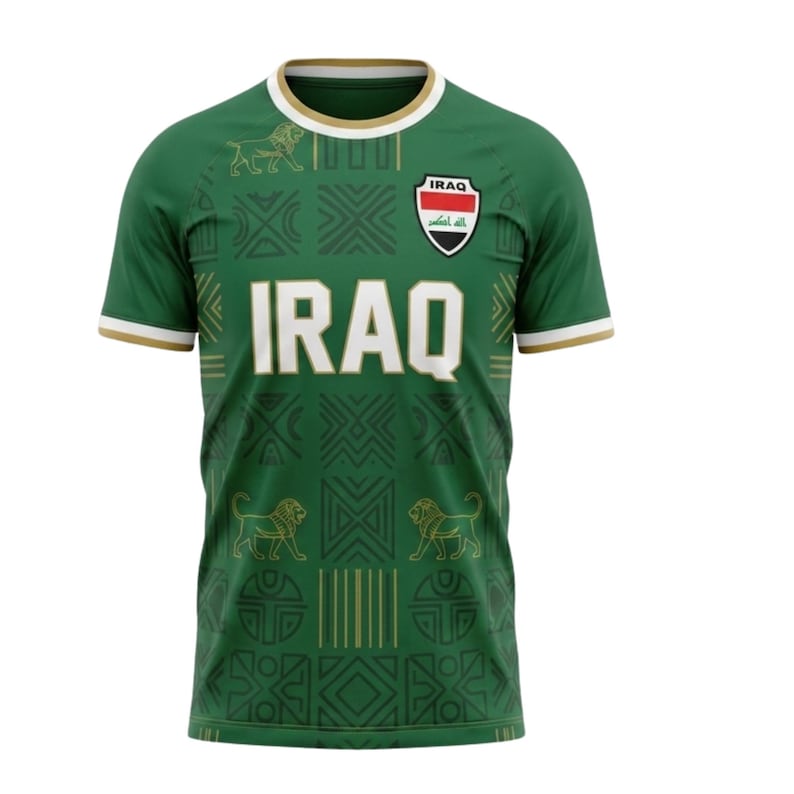May include: Green short-sleeved soccer jersey with the word "IRAQ" in large white letters across the chest. The jersey features a repeating pattern, gold accents, and the Iraqi flag on the upper chest. The sleeves have white and gold trim.