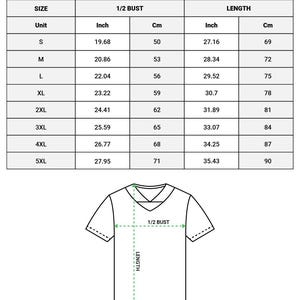 Puede incluir: Tabla de tallas para una camiseta de f&uacute;tbol AOP Hybrid Mesh. Las medidas est&aacute;n en pulgadas y cent&iacute;metros, desde la talla S hasta la 5XL, con medidas de media cintura y largo. Tambi&eacute;n se incluye un diagrama de la camiseta.