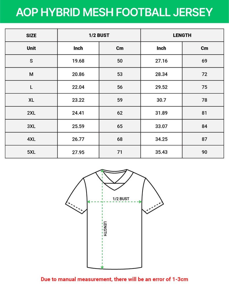 Puede incluir: Tabla de tallas para una camiseta de f&uacute;tbol AOP Hybrid Mesh. Las medidas est&aacute;n en pulgadas y cent&iacute;metros, desde la talla S hasta la 5XL, con medidas de media cintura y largo. Tambi&eacute;n se incluye un diagrama de la camiseta.