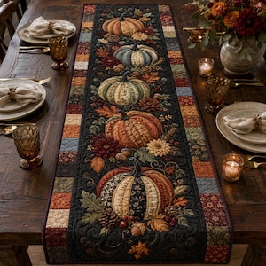 May include: A rectangular quilted table runner featuring a central row of five fabric pumpkins in various colours and patterns, surrounded by appliqued autumn leaves, flowers, and acorns on a dark background with a multi-coloured patchwork border.