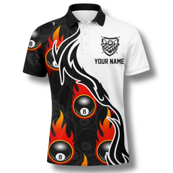 Custom Billiards Polo Shirt, Flaming 8 Ball Design, Personalized