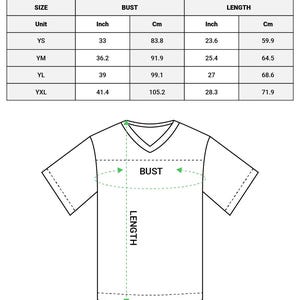 Puede incluir: Diagrama de una camiseta de f&uacute;tbol h&iacute;brida de malla juvenil con medidas de busto y largo en pulgadas y cent&iacute;metros. La tabla de tallas incluye las tallas YS, YM, YL y YXL. El texto "ALL-OVER PRINT YOUTH HYBRID MESH FOOTBALL JERSEY" est&aacute; en la parte superior.