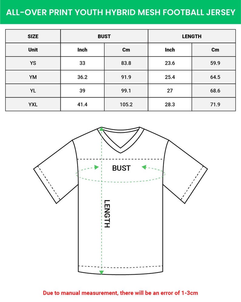 Puede incluir: Diagrama de una camiseta de f&uacute;tbol h&iacute;brida de malla juvenil con medidas de busto y largo en pulgadas y cent&iacute;metros. La tabla de tallas incluye las tallas YS, YM, YL y YXL. El texto "ALL-OVER PRINT YOUTH HYBRID MESH FOOTBALL JERSEY" est&aacute; en la parte superior.