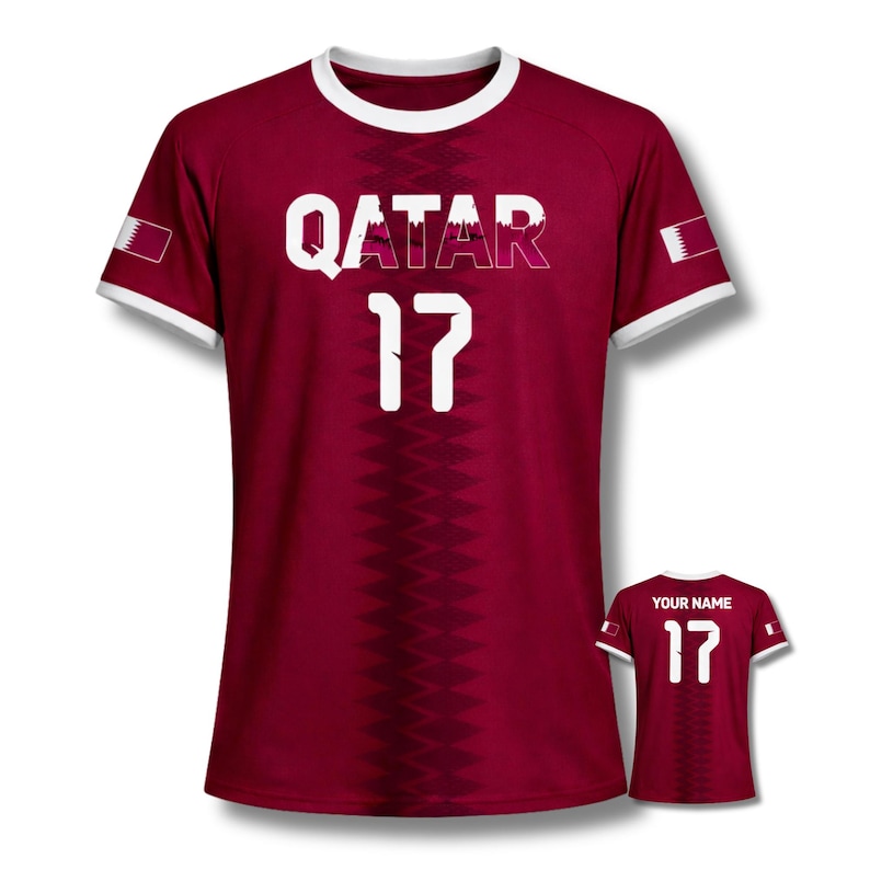 Katar Fußball Trikot Shirt, Kastanienbraun Fußball Fan T-Shirt, Benutzerdefinierte Name Katar Geschenk Bild 1