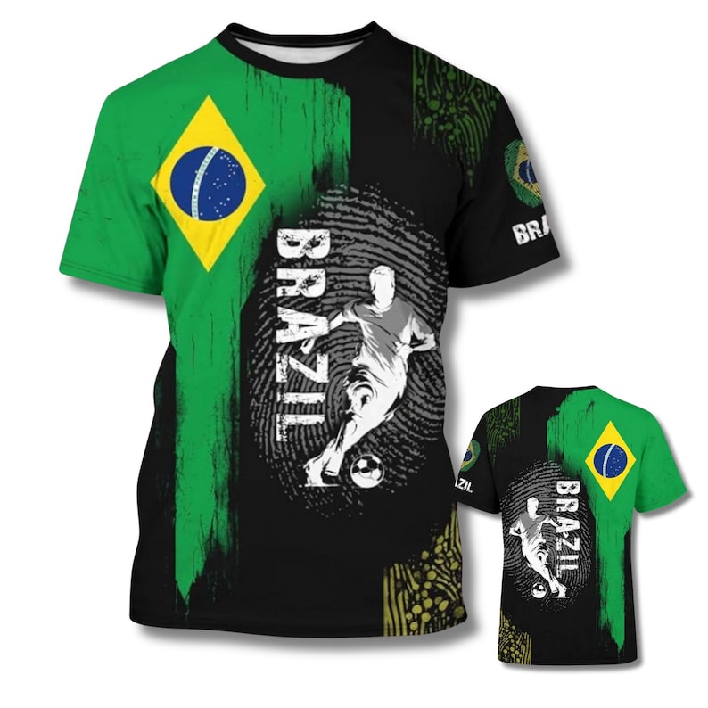 Brazil Soccer 3D All Over Print T Shirt, Brazilian Flag Futbol Fingerprint Graphic Tee, World Cup Fan Unisex Sublimation Gift for Men Women image 1