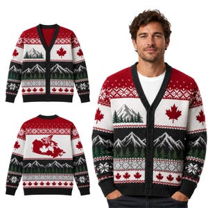 Può includere: Un cardigan con scollo a V e chiusura a bottoni con un motivo a maglia rosso, bianco e nero. Il design presenta foglie d'acero canadesi, catene montuose, alberi sempreverdi e fiocchi di neve. Il retro mostra una mappa del Canada con una foglia d'acero.